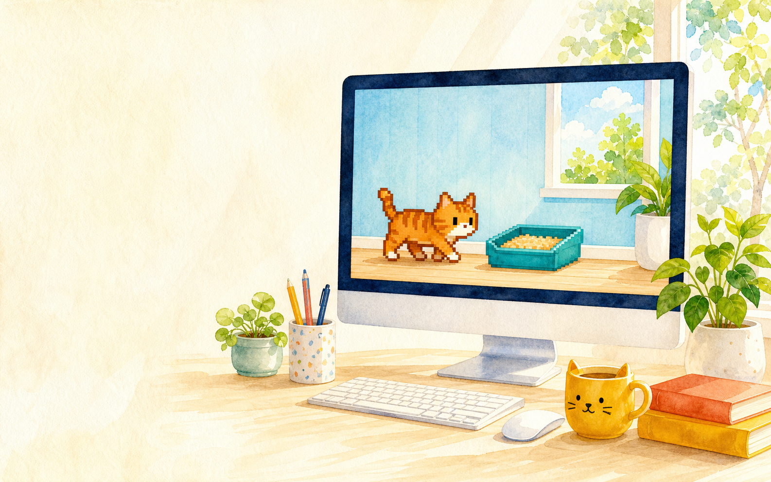 明亮水彩办公室中,像素橘猫在显示器里走向猫砂盆